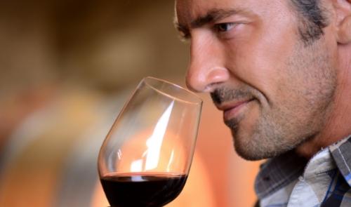 Uomo assapora un bicchiere di vino rosso con attenzione e concentrazione.