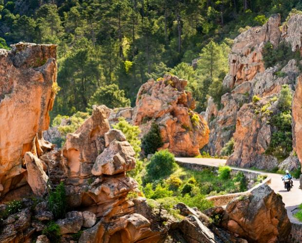 Strada tortuosa tra rocce arancioni e verdeggianti alberi in un paesaggio montano.