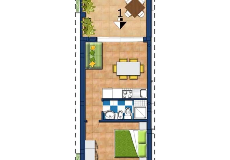 Pianta di un appartamento con soggiorno, cucina, bagno, camera e giardino.