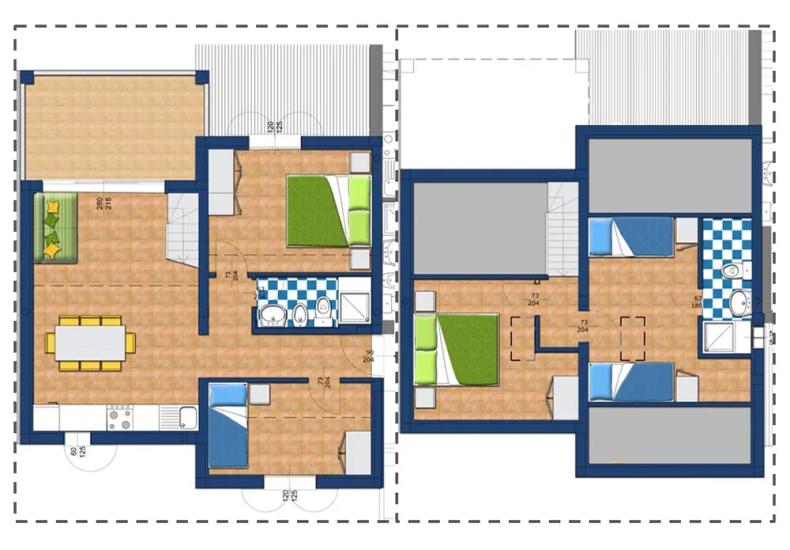 Pianta di due piani con camere da letto, cucina e soggiorno.