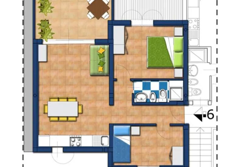 Appartamento con due camere, soggiorno, cucina, bagno e balcone.