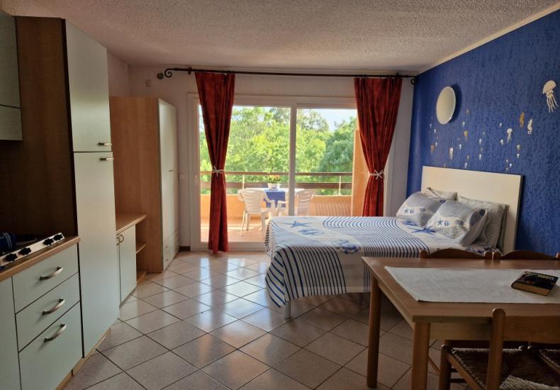 Monolocale luminoso con letto matrimoniale, cucina e balcone con vista sul verde.