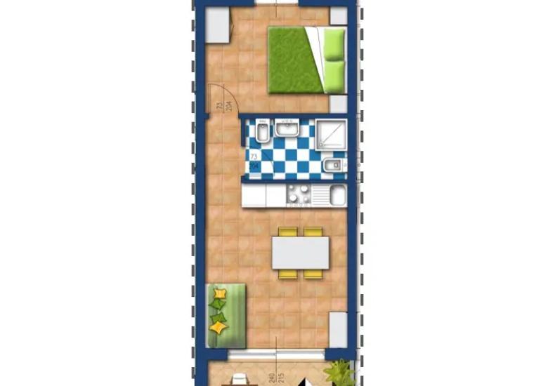 Appartamento con soggiorno, cucina, bagno, camera da letto e terrazza.