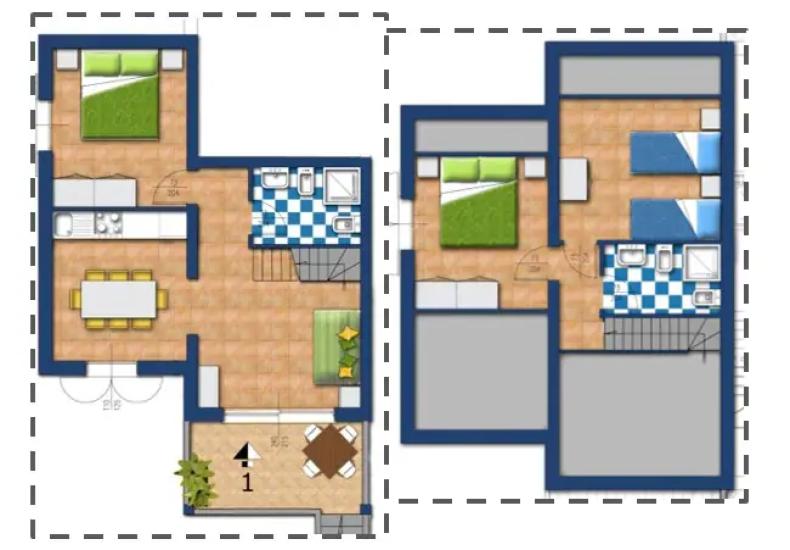 Planimetria di una casa su due piani con tre camere da letto e due bagni.