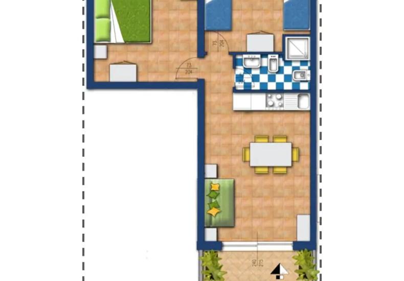 Appartamento con due camere, cucina, soggiorno e bagno, ingresso con balcone.